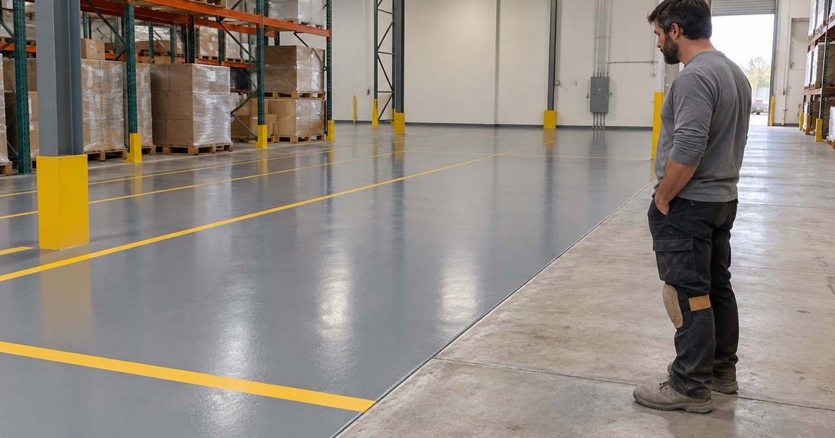 A worker beside a gray warehouse floor with yellow boundary lines.