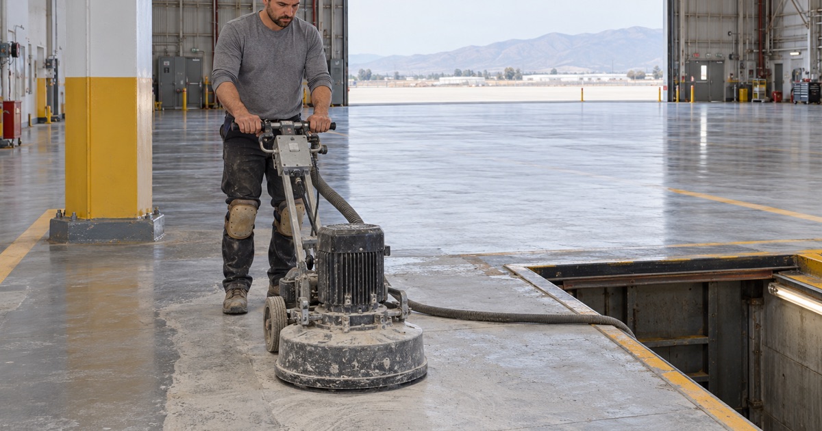A worker grinding a hangar floor beside a service pit.