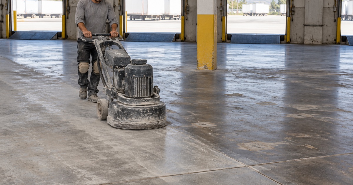 A worker grinding an industrial concrete floor.