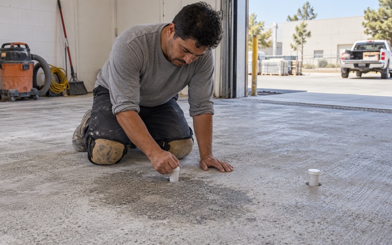 A worker testing a concrete slab near a garage doorway.
