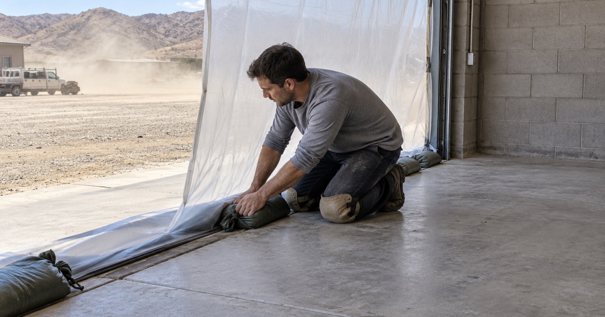 A worker sealing the floor joint at an industrial doorway.
