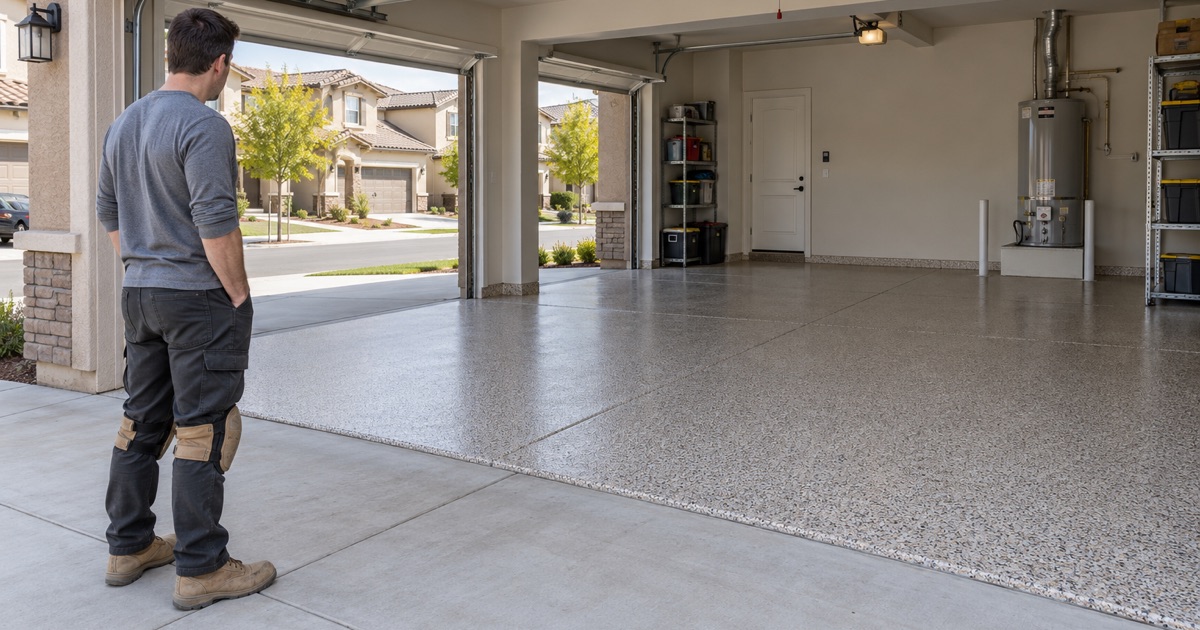 A worker examining a finished garage floor.