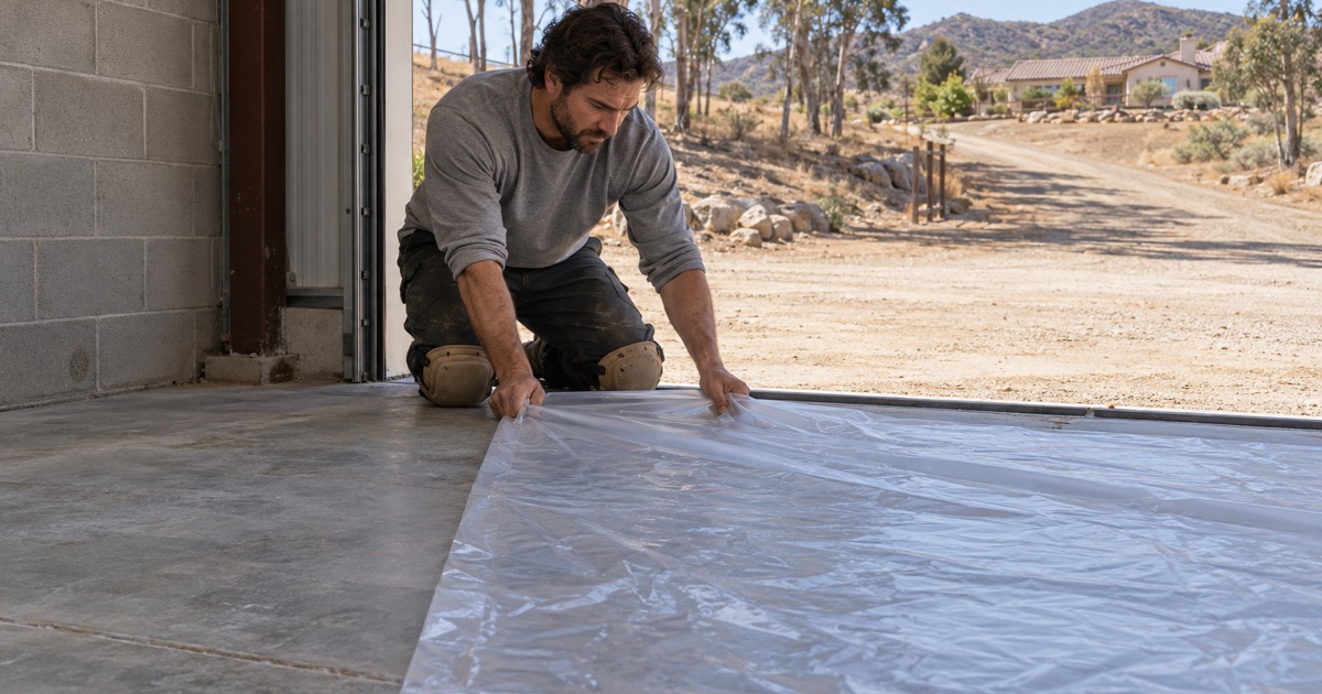 A worker checking a plastic sheet laid over a concrete slab.