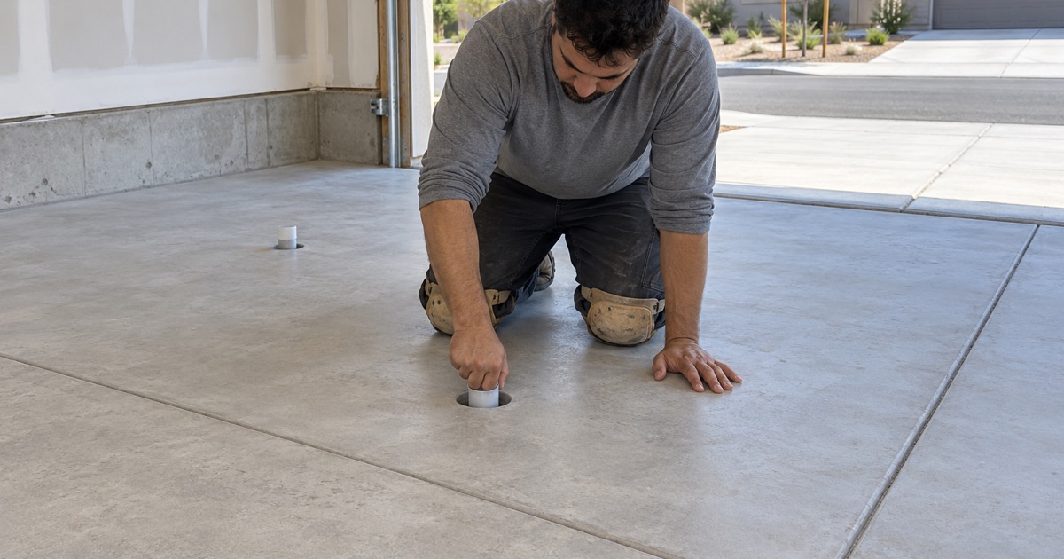 A worker placing a moisture test sleeve in a new garage slab.