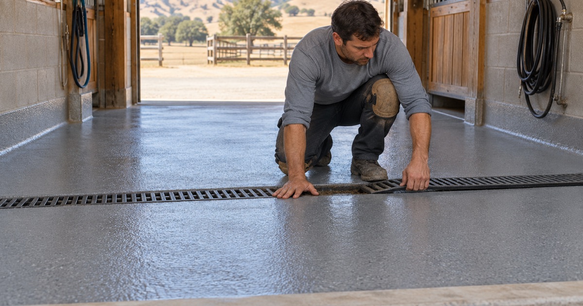 A worker checking a garage floor beside a trench drain.