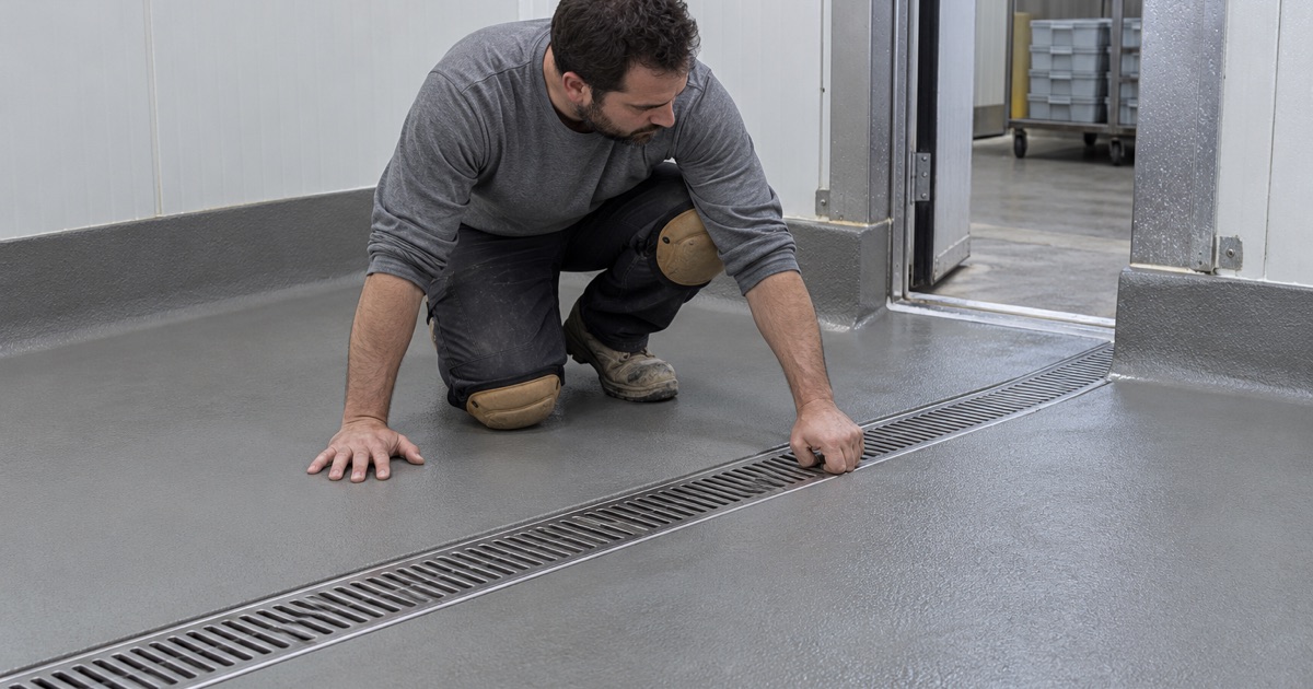 A worker inspecting a commercial floor alongside a drain.