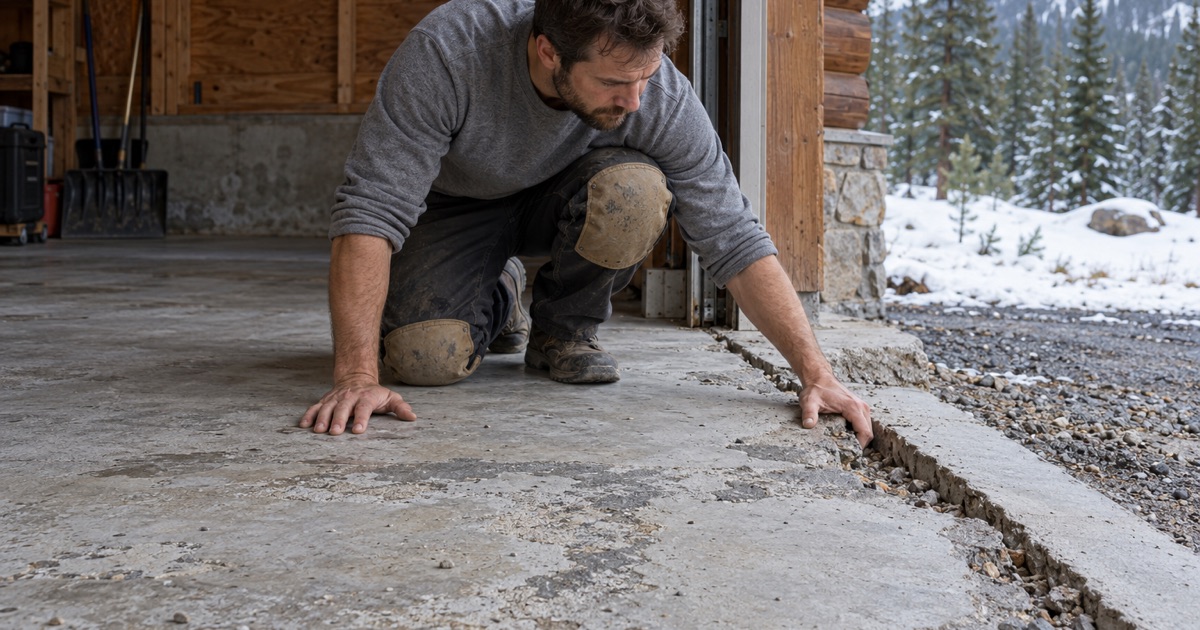 A worker examining a cabin garage slab beside a snowy driveway.