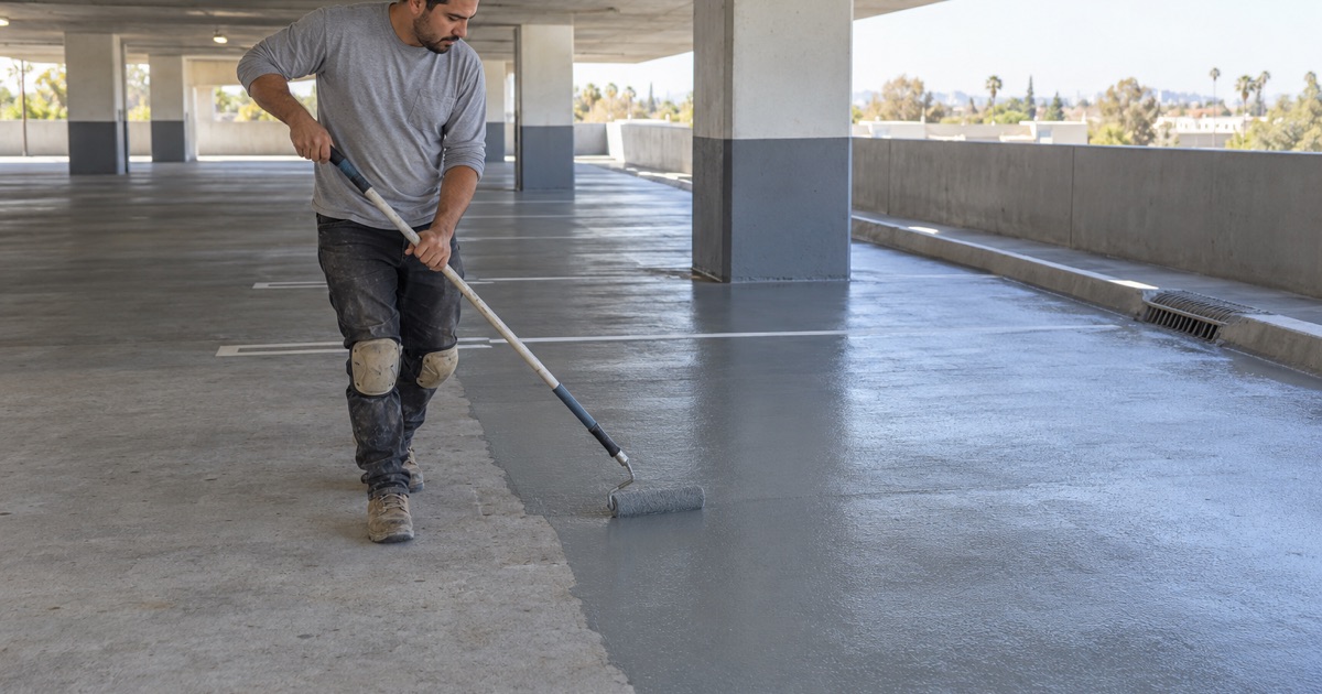 A worker rolling a coating onto a parking structure deck.