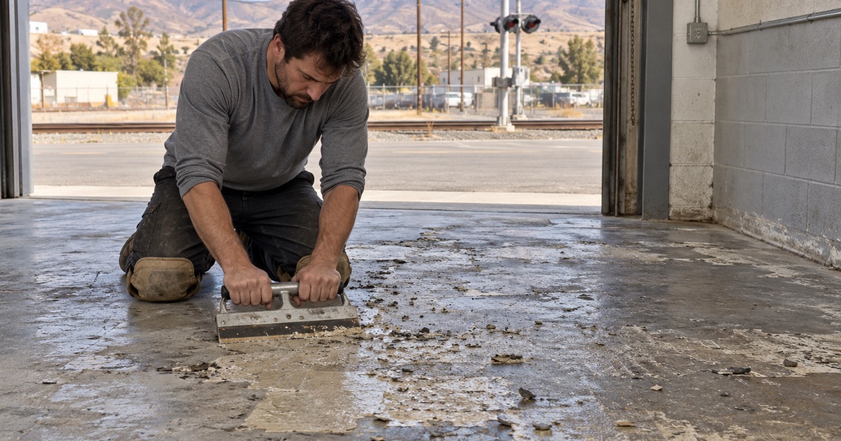 A worker scraping old adhesive from an industrial concrete slab.