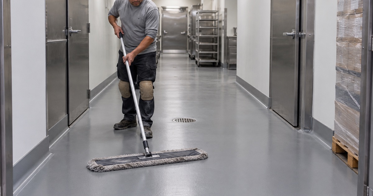 A worker cleaning a gray commercial corridor floor.