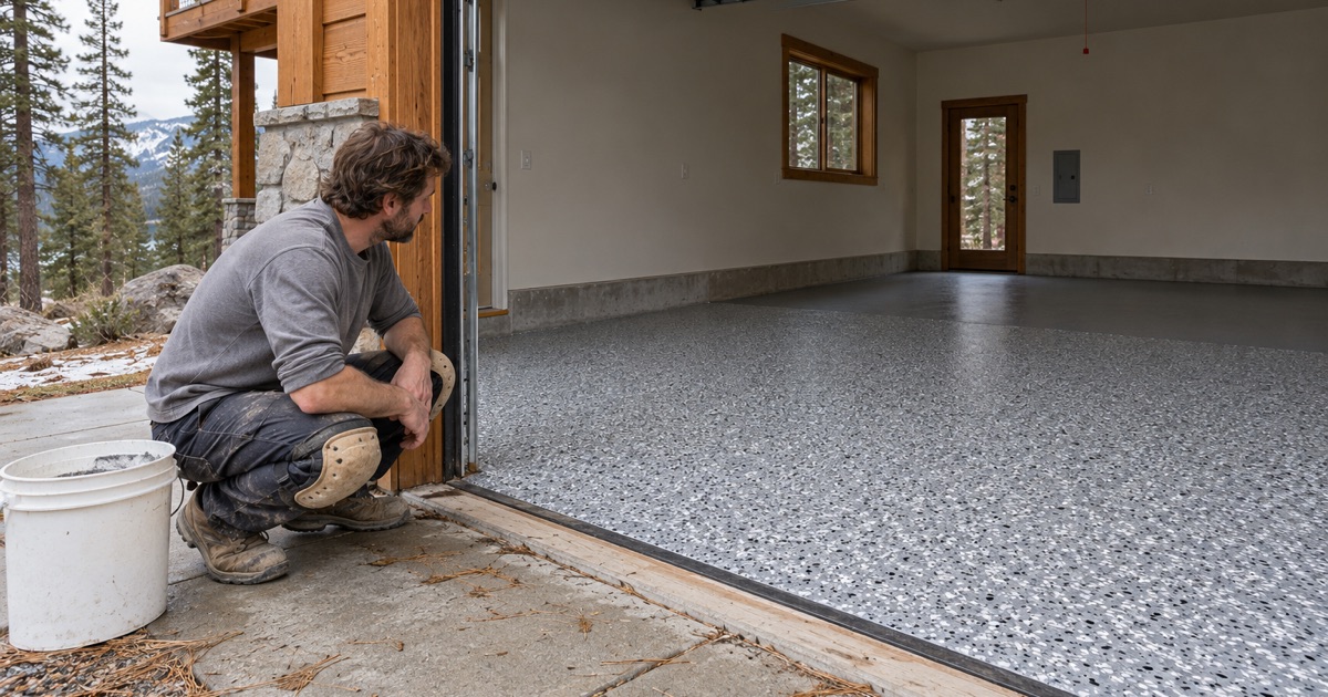 A worker checking a flake floor at a cabin garage threshold.