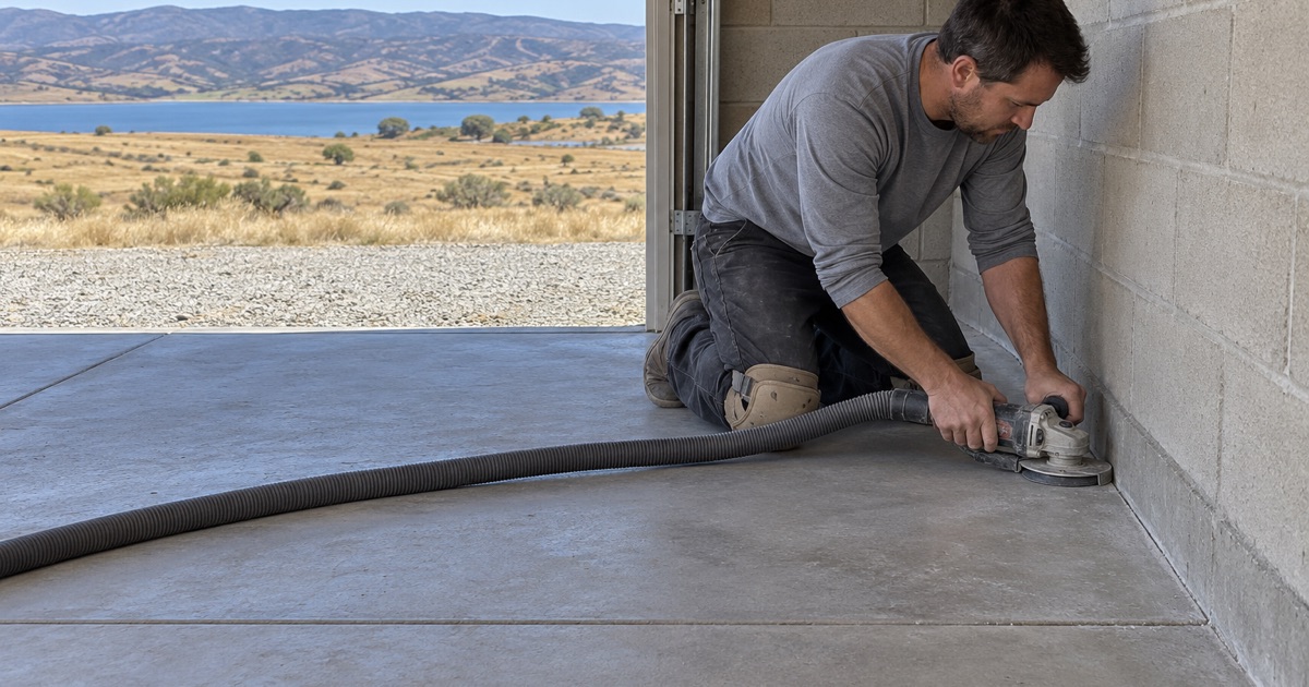 A worker preparing the floor edge beside a garage wall.