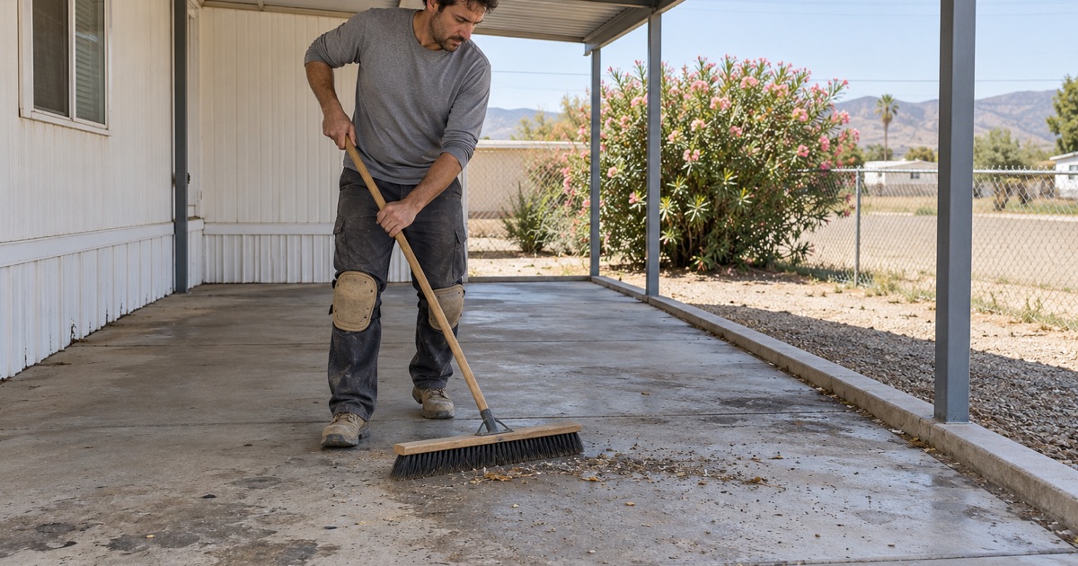 A worker sweeping a concrete slab on a covered patio.