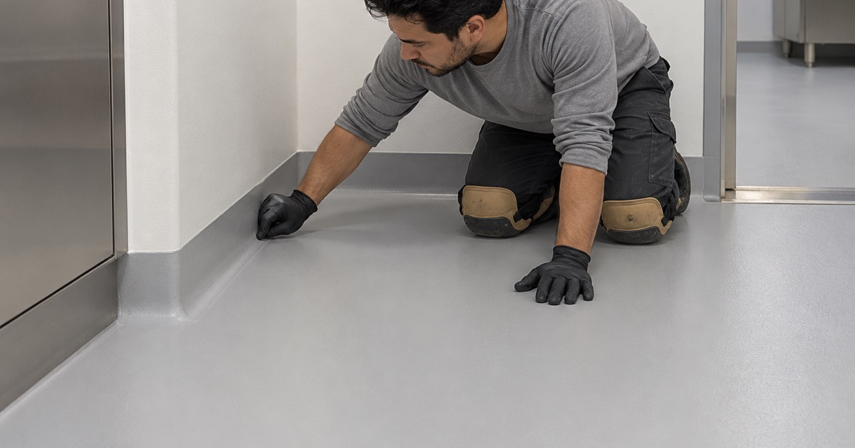 A worker inspecting the coved base of a seamless gray floor.