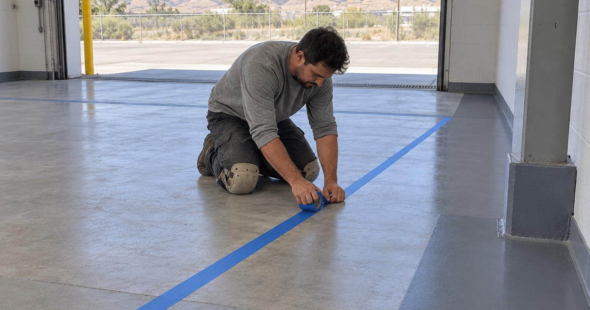 A worker applying masking tape along a concrete floor boundary.