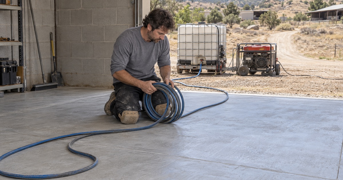 A worker beside a coiled hose on a concrete workshop floor.