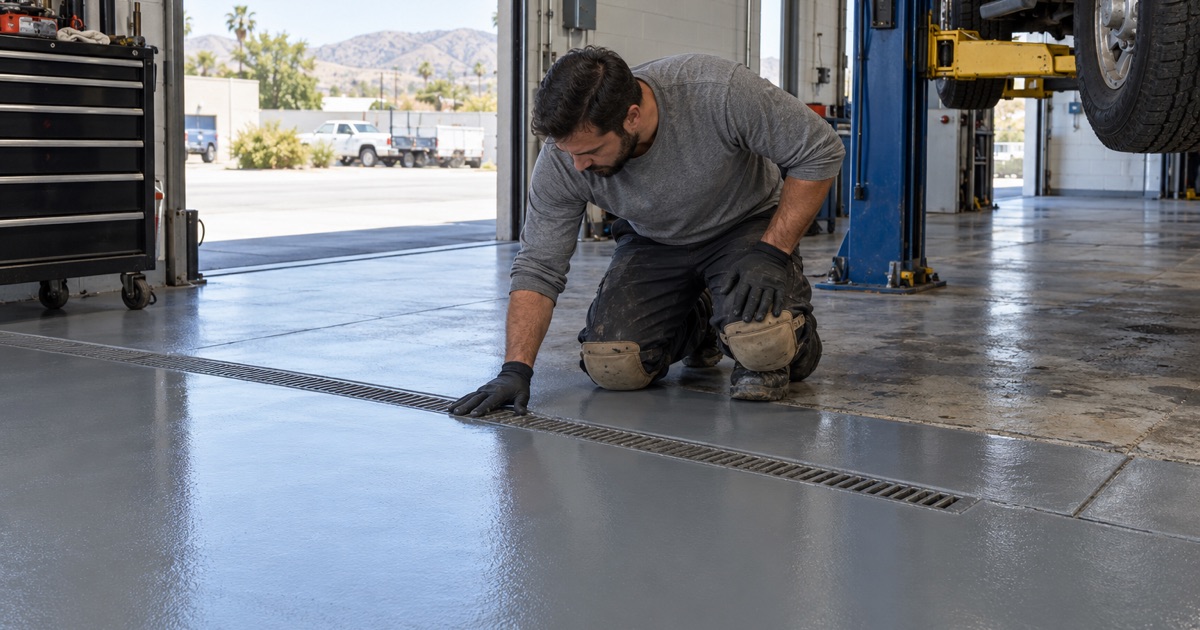 A worker checking a coated auto shop floor near a drain.