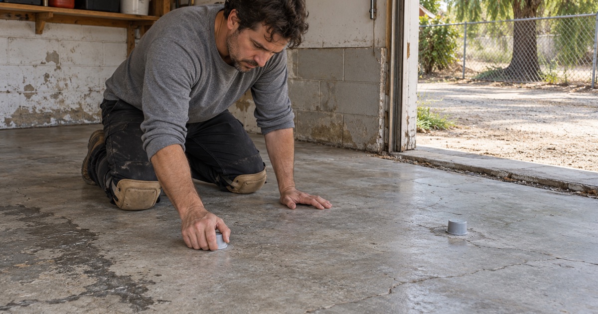 A worker examining a rough concrete garage slab.