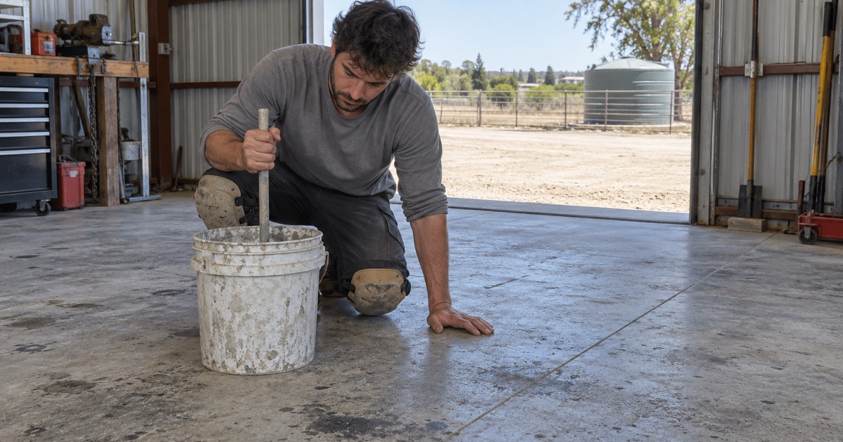 A worker checking a concrete slab beside a mixing bucket.