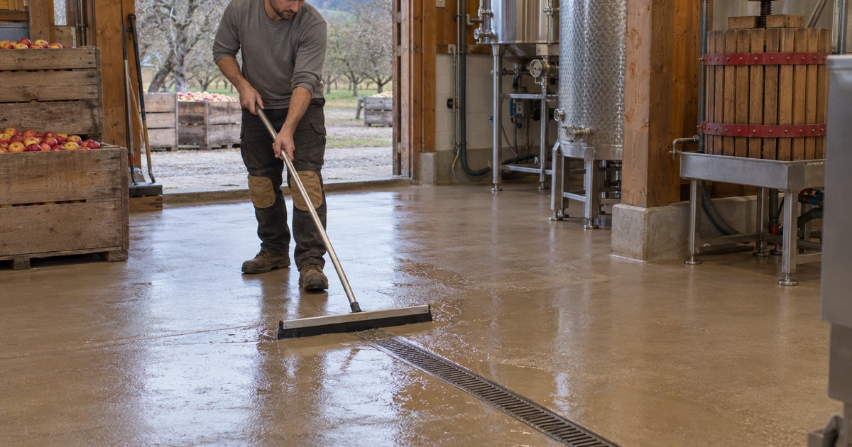 A worker rolling a coating onto a workshop floor.