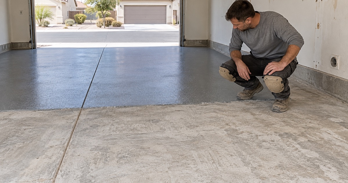 A worker inspecting the boundary between bare and coated garage flooring.