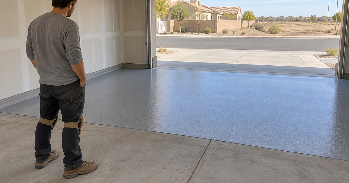 A worker examining a coated garage floor through an open doorway.