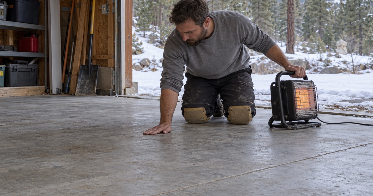 A worker checking a cabin garage slab with a test meter.