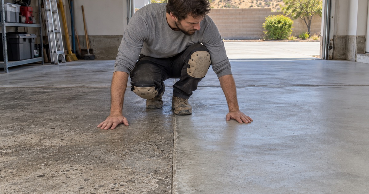 A worker comparing two sections of a concrete garage slab.