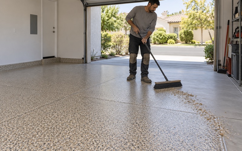 A worker rolling a clear coating across a flake garage floor.