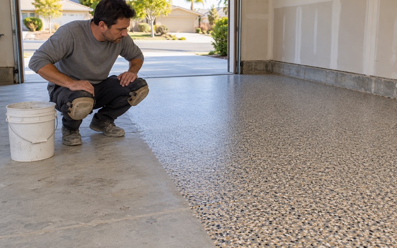 A worker examining the texture of a flake garage floor.
