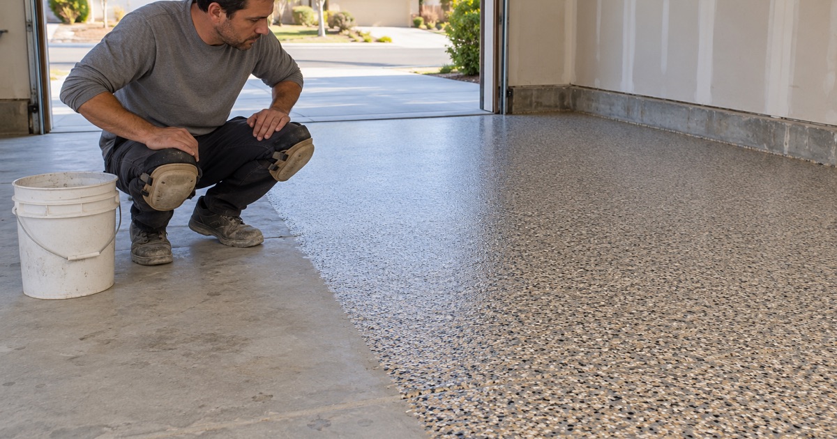 A worker examining the texture of a flake garage floor.