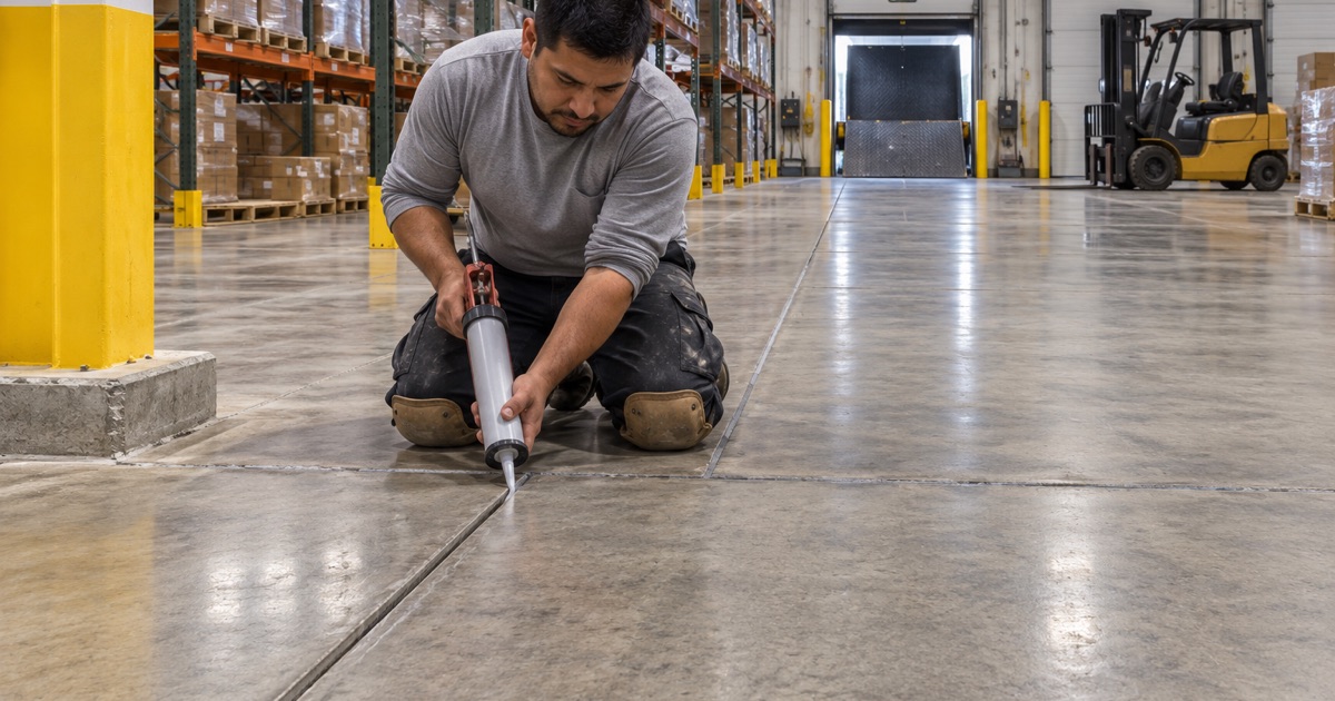 A worker filling a control joint in a warehouse floor.