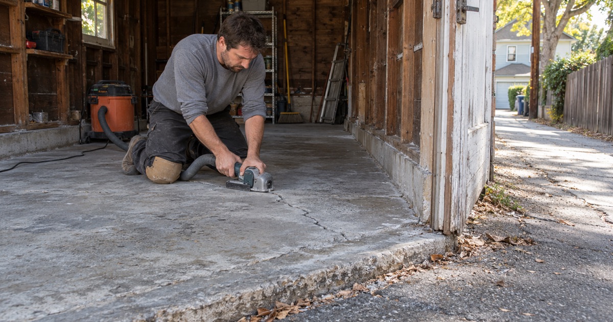 A worker checking a worn concrete slab at a garage threshold.