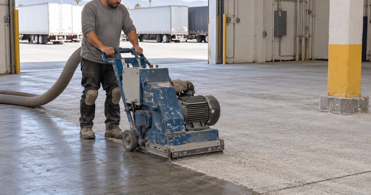 A worker operating a floor grinder inside an industrial building.