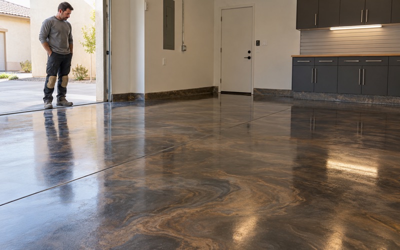 A glossy metallic floor with dark swirling patterns.