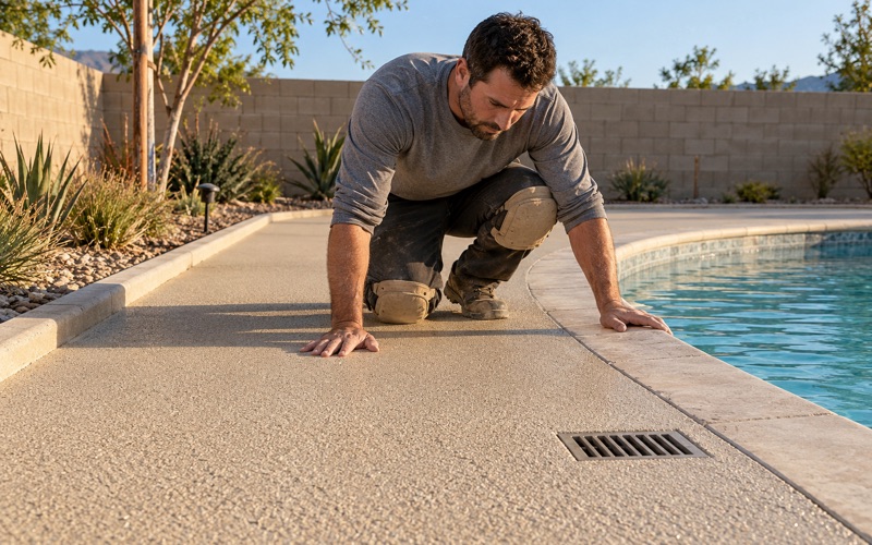 A worker checking a textured pool deck beside a drain.
