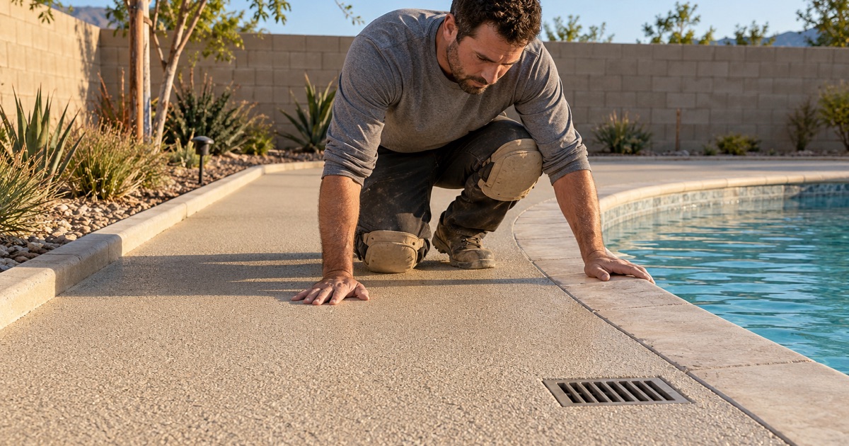 A worker checking a textured pool deck beside a drain.