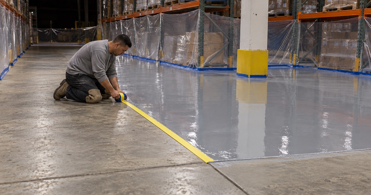 A worker measuring a warehouse floor beside marked traffic lanes.